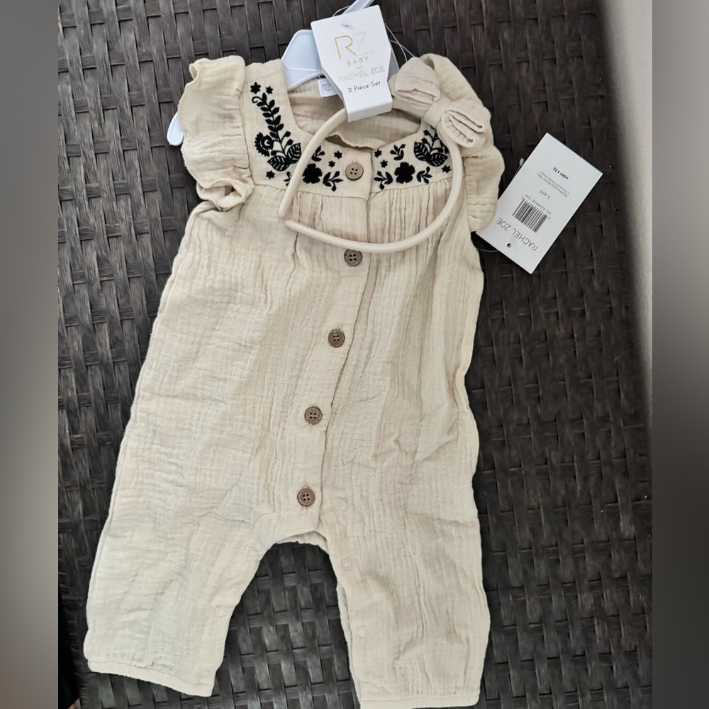 Rachel Zoe Cream Romper with Black Embroidery 3/6 months